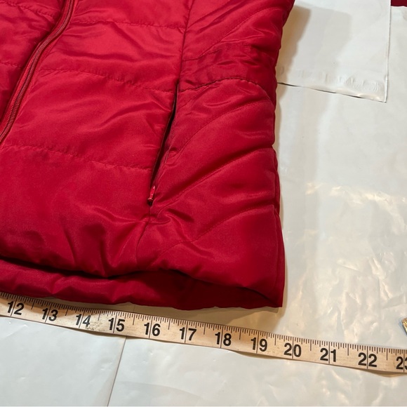 RED Puffer Vest womens M Pockets Sleeveless Jacket RIBBED BAND NECK M cinch Ties - Picture 9 of 16
